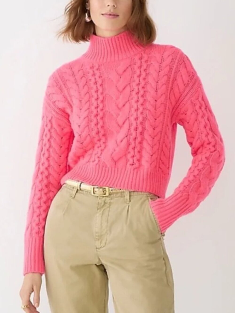 J. Crew Cashmere Cropped Cable-Knit Turtleneck Sweater Neon Dragon Fruit Pink